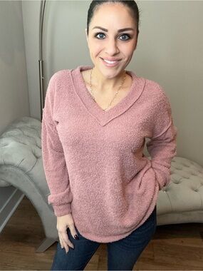 Plus Size XXL XXXL Cozy V-Neck Women's Sweater in Dusty Rose